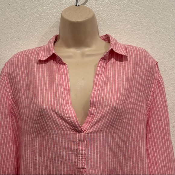 Gap Pink & White Linen Striped Tunic Blouse Size M Collared V Neck - Picture 3 of 7